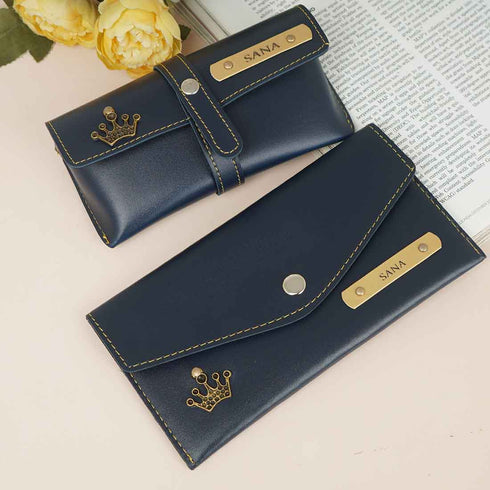 Personalised Gift Combo Women's Wallet With Charm - Navy Blue - Uncommongifts.in