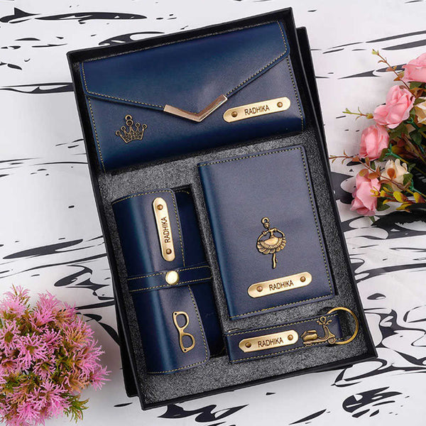 Personalised Gift Combo Women's Wallet With Charm - Navy Blue - Uncommongifts.in