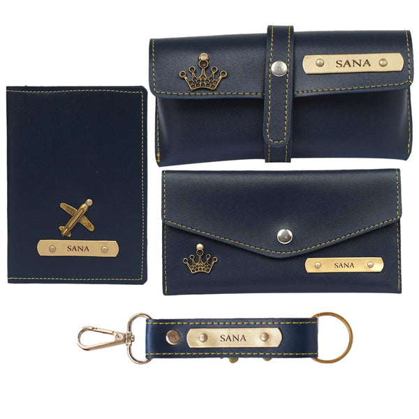 Personalised Gift Combo Women's Wallet With Charm - Navy Blue - Uncommongifts.in
