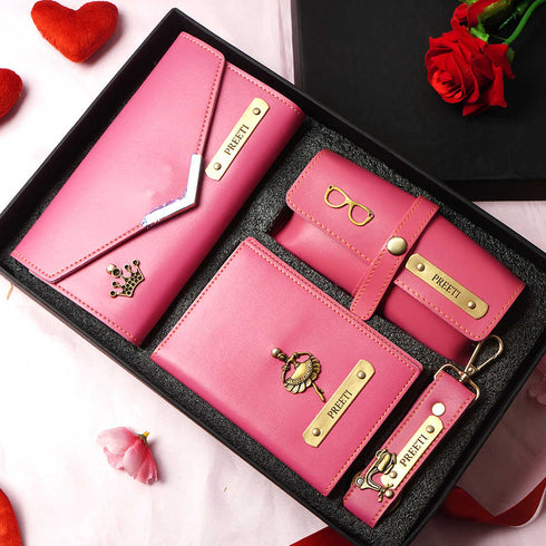 Personalised Gift Combo Women's Wallet With Charm - Pink - Uncommongifts.in