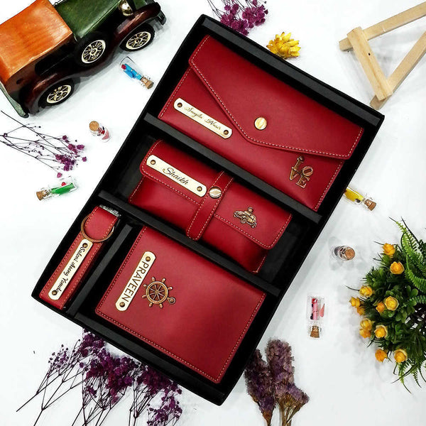 Personalised Gift Combo Women's Wallet With Charm - Red - Uncommongifts.in