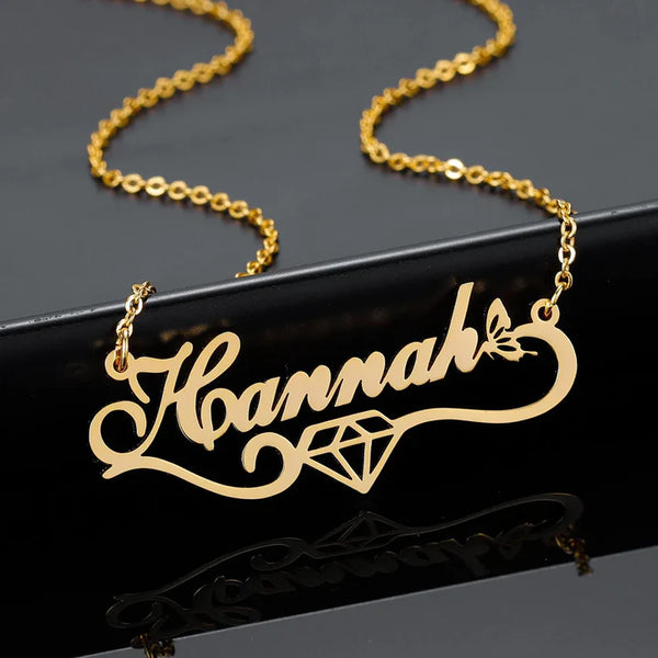 Personalised Gold Plated Butterfly & Diamond Name Pendant - Uncommongifts.in