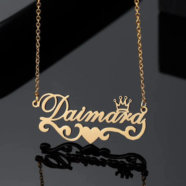 Personalised Gold Plated Queen & Heart Name Pendant - Uncommongifts.in