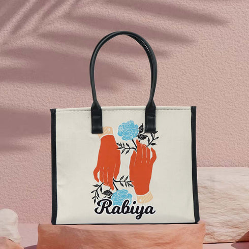 Personalised Hand Floral Printed Box Tote Bag - Uncommongifts.in