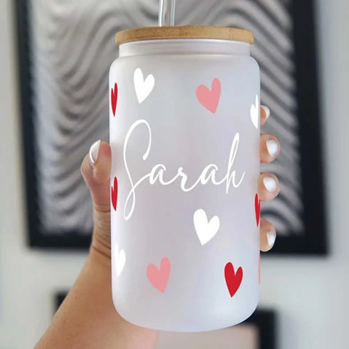 Personalized Heart Printed Glass Tumbler