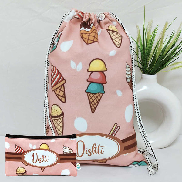 Personalised Ice Cream Drawstring Bag & Pencil Pouch Kids Combo