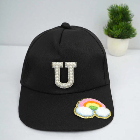 Personalised Kids Caps With Patch and Initial Letter - Black