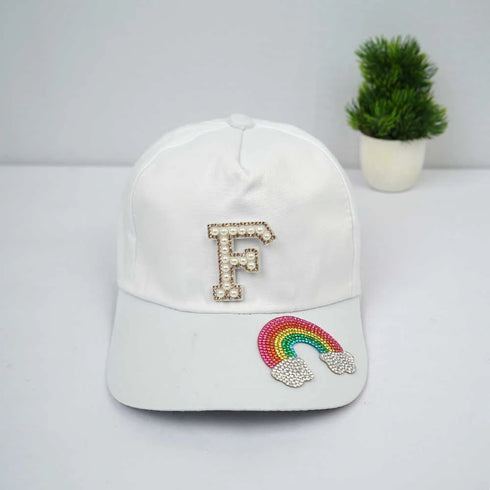 Personalised Kids Caps With Patch and Initial Letter - White