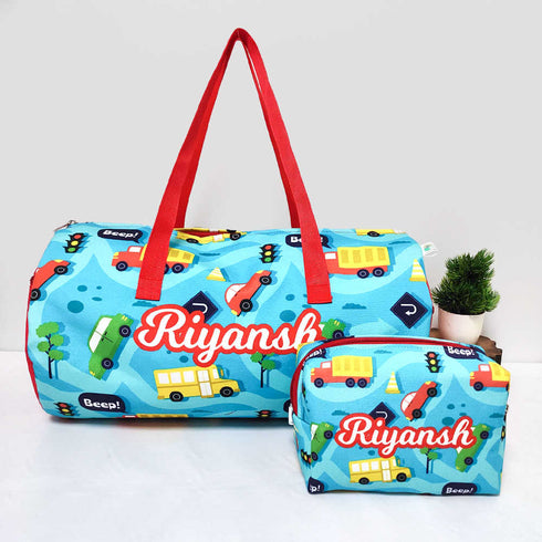 Personalised Kids Car Large Duffle Bag & Box Pouch Combo Gift Set