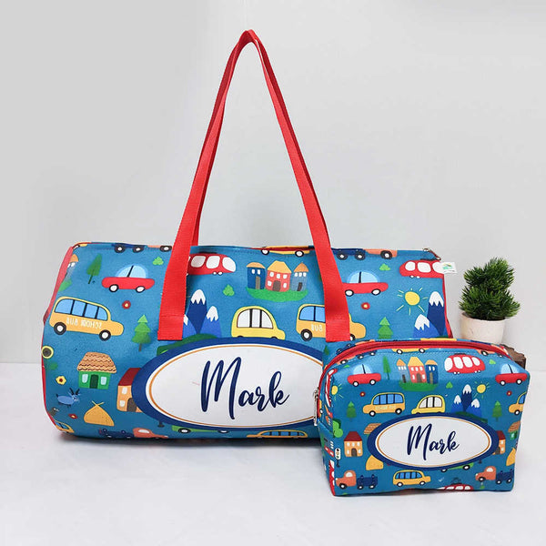 Personalised Kids Car Large Duffle Bag & Box Pouch Combo Gift Set