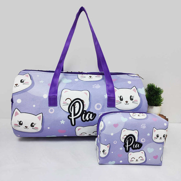 Personalised Kids Cat Face Large Duffle Bag & Box Pouch Combo Gift Set