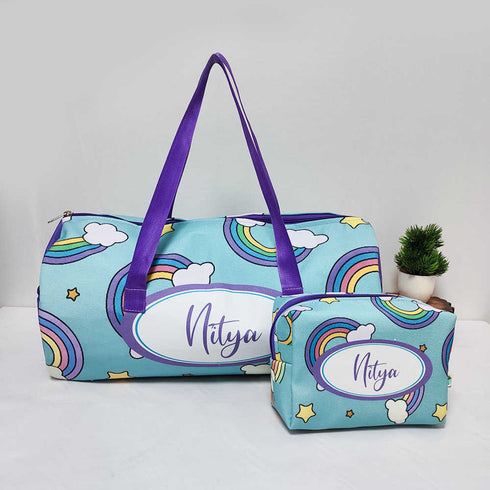 Personalised Kids Rainbow Large Duffle Bag & Box Pouch Combo Gift Set