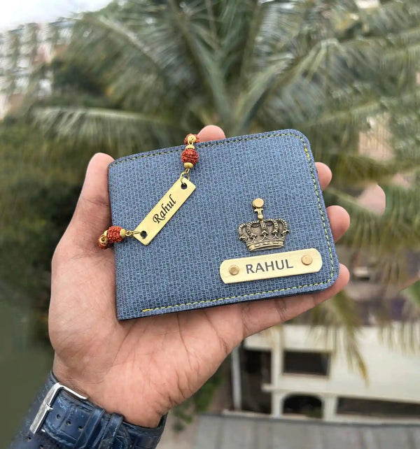 Personalised Men Wallet With Rudraksh Rakhi Combo
