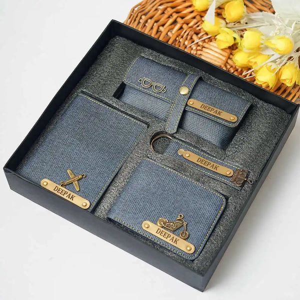 Personalised Men's Denim Wallet With Charm Combo Gift Set