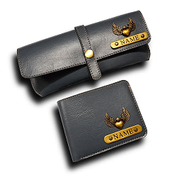 Personalised Men's Wallet Combo With Charm - Grey - Uncommongifts.in