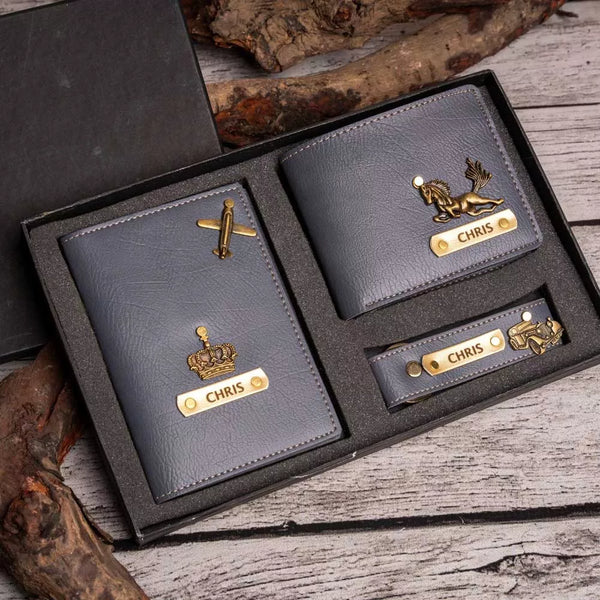 Personalised Men's Wallet Gift Combo With Charm - Grey - Uncommongifts.in