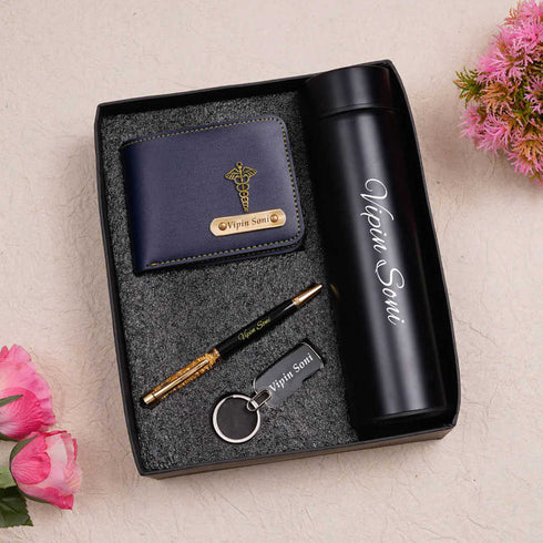Personalised Men's Wallet With Charm Gift Combo - Navy Blue - Uncommongifts.in