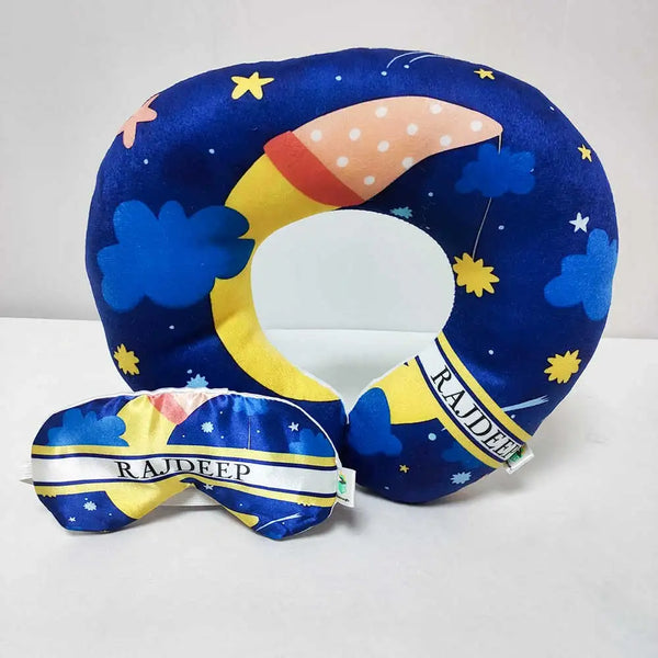 Personalised Moon Printed Neck Pillow with Eye Mask Combo for Kids