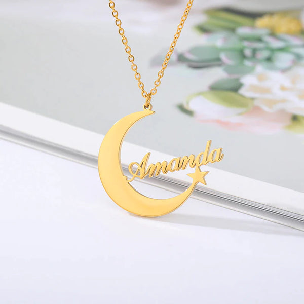 Personalised Moon and Star Name Pendant - Uncommongifts.in