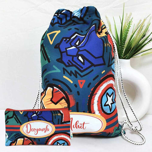 Personalised Multicolor Drawstring Bag & Pencil Pouch Kids Combo