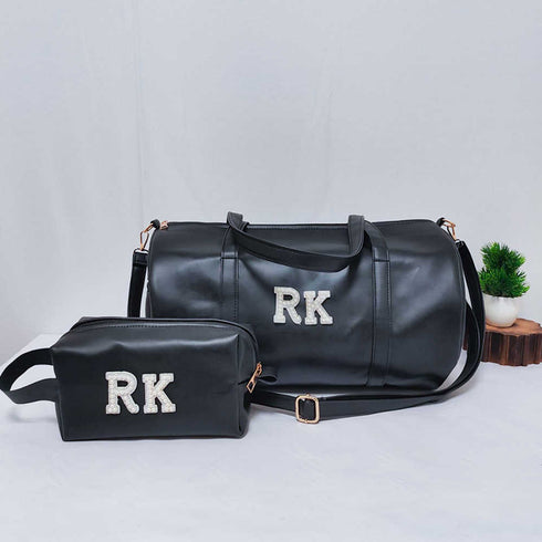 Personalised PU Duffle Sling Bag & Pouch Combo Gift Set for Men - Black