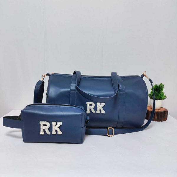 Personalised PU Duffle Sling Bag & Pouch Combo Gift Set for Men - Navy Blue