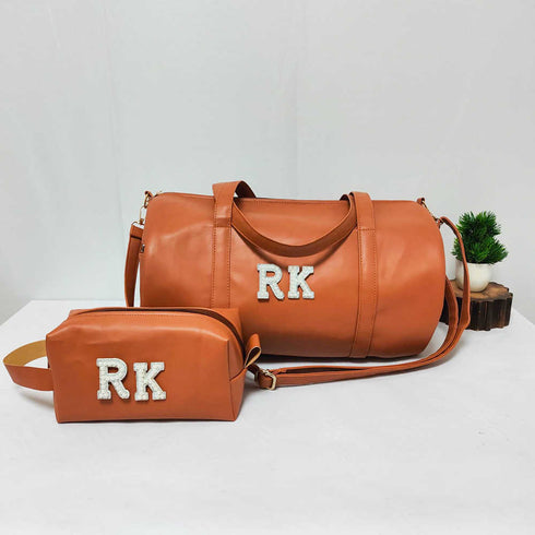 Personalised PU Duffle Sling Bag & Pouch Combo Gift Set for Men - Tan