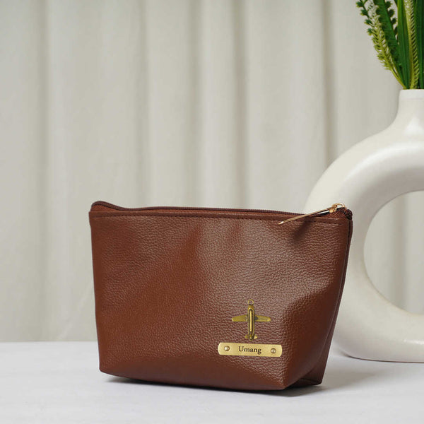 Personalised Vegan PU Pouch with Charms - Brown - Uncommongifts.in