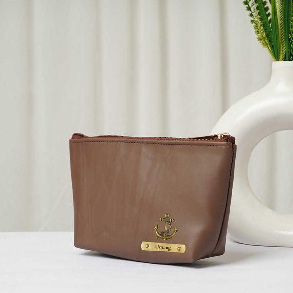 Personalised Vegan PU Pouch with Charms - Brown - Uncommongifts.in