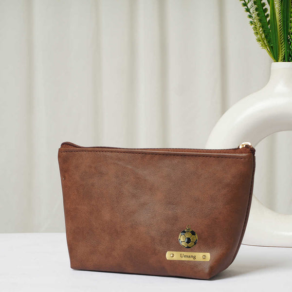 Personalised Vegan PU Pouch with Charms - Brown - Uncommongifts.in