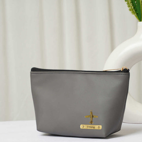 Personalised Vegan PU Pouch with Charms - Grey - Uncommongifts.in