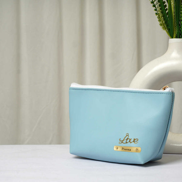 Personalised Vegan PU Pouch with Charms - Sky Blue - Uncommongifts.in