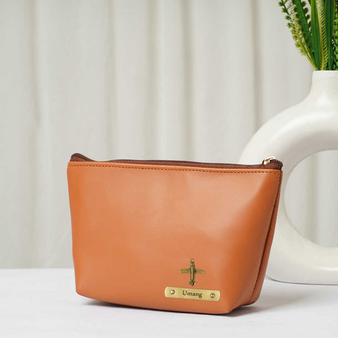 Personalised Vegan PU Pouch with Charms - Tan - Uncommongifts.in