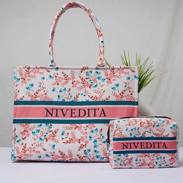 Personalised Pink Floral Printed Box Bag Combo