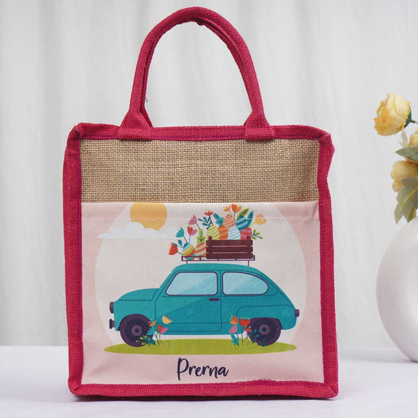 Personalised Pink Jute & Canvas Lunch Bag - Uncommongifts.in
