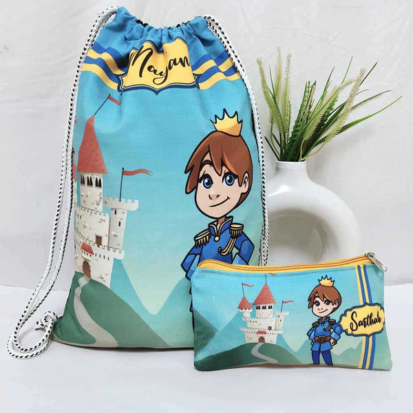 Personalised Prince Drawstring Bag & Pencil Pouch Kids Combo