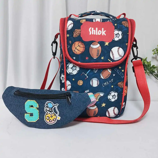 Personalised Printed Lunch Bag with Denim Waist Pouch Combo for Kids