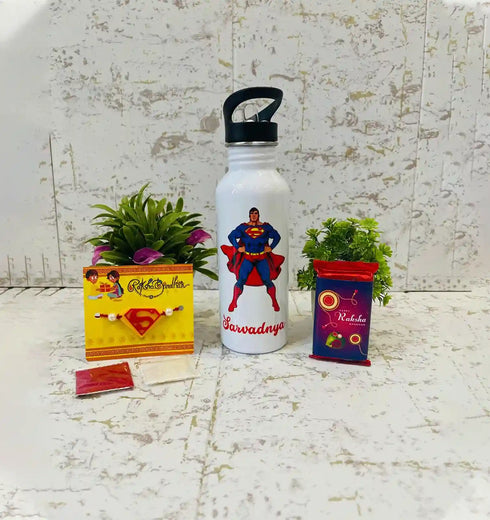 Personalised Printed Steel Bottle With Straw Rakhi Combo for Kids