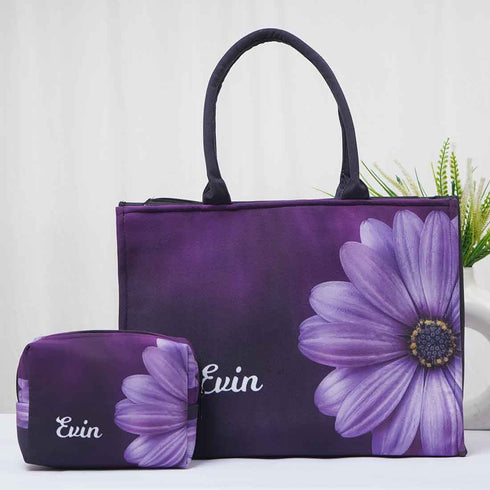Personalised Purple Printed Box Tote Bag Combo Gift Set - Uncommongifts.in