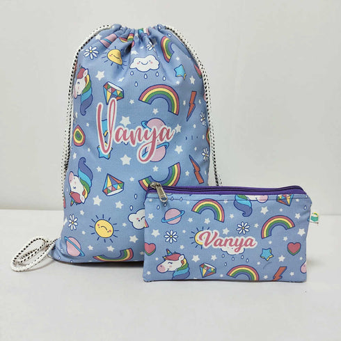 Personalised Rainbow Printed Drawstring Bag & Pencil Pouch Kids Combo