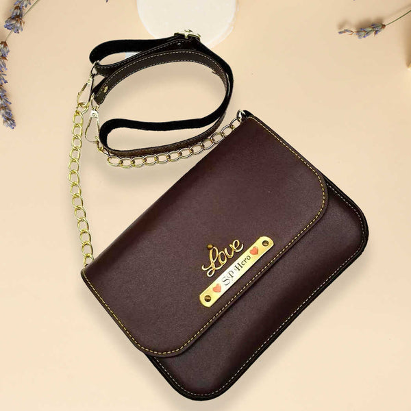 Personalised Sling Bag with Charms - Dark Brown - Uncommongifts.in