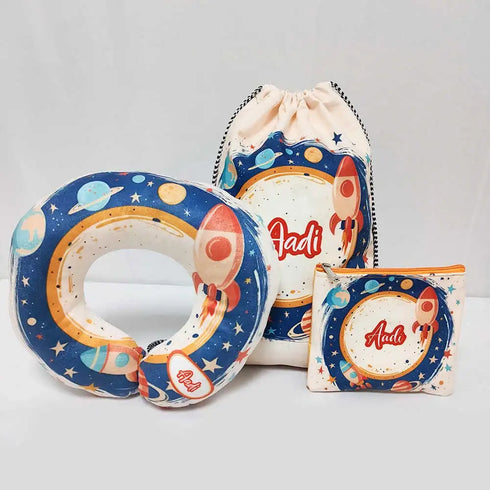 Personalised Space Printed Drawstring Bag with Neck Pillow Combo for Kids