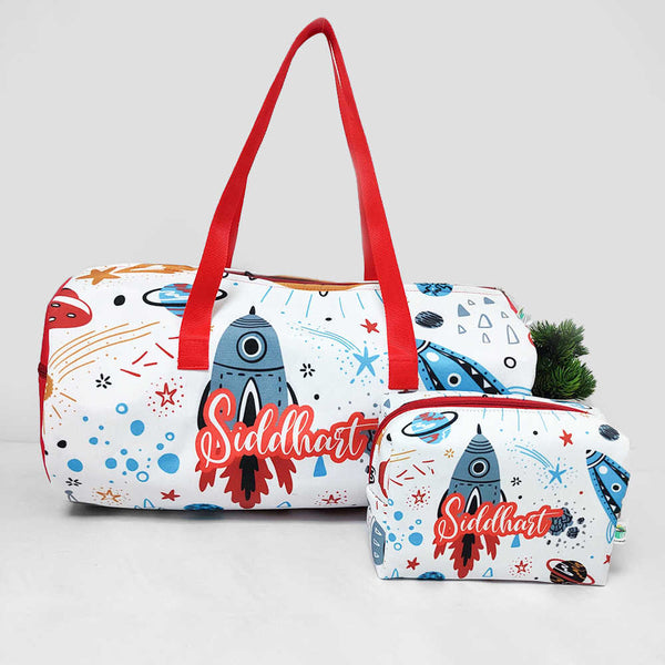 Personalised Space Printed Kids Large Duffle Bag & Box Pouch Combo Gift Set