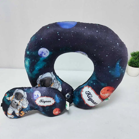 Personalised Space Printed Neck Pillow with Eye Mask Combo for Kids