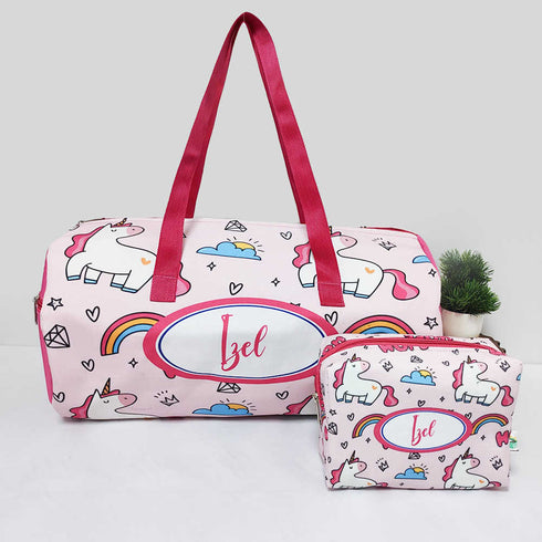 Personalised Unicorn Kids Large Duffle Bag & Box Pouch Combo Gift Set