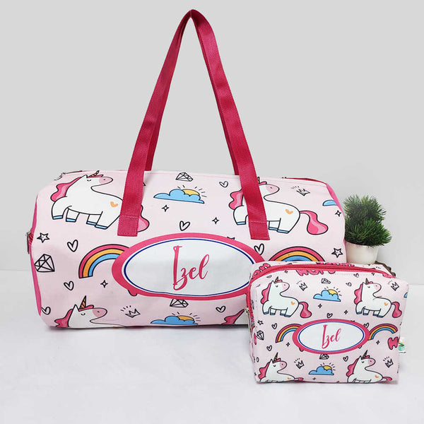 Personalised Unicorn Kids Large Duffle Bag & Box Pouch Combo Gift Set