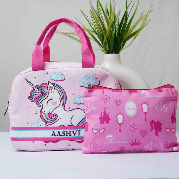 Personalised Unicorn Printed Kids Lunch Bag & Pouch Combo
