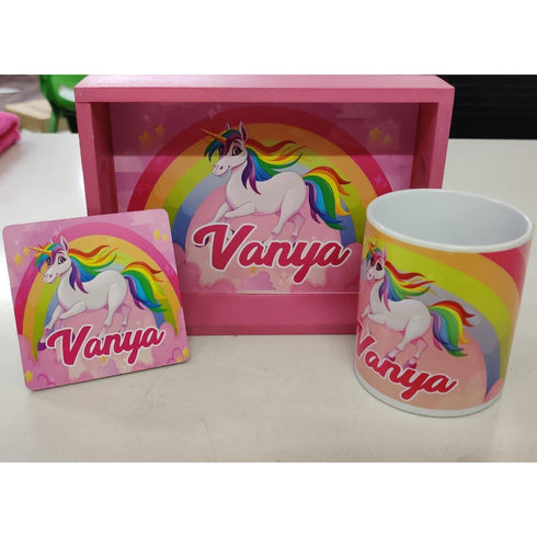 Personalised Unicorn Printed Tray, Mug and Coaster Combo Set