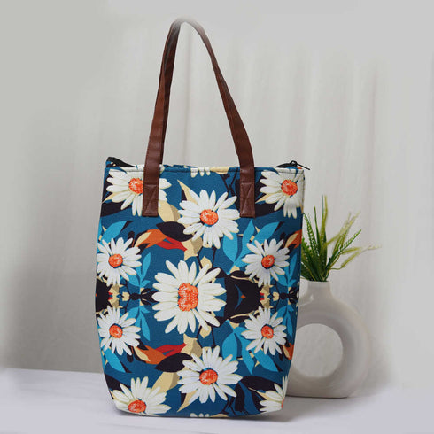 Personalised White Floral Printed Structured Tote Bag
