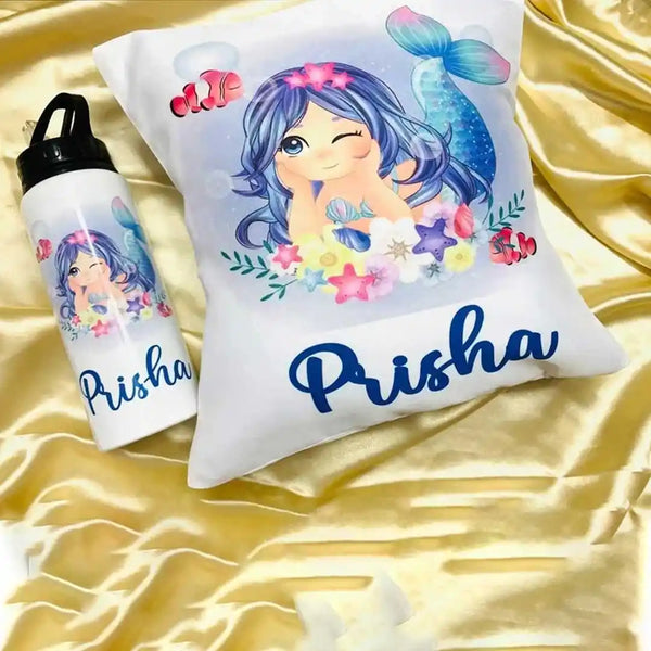 Personalised White Sipper Bottle with Cushion Combo Set for Kids